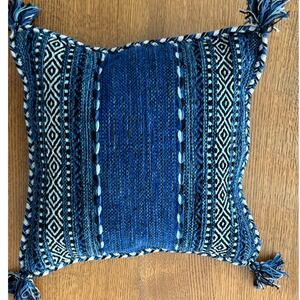 Surya Boho Blue Woven Cotton Tassel Throw Pillow w insert Accent 18x18 India New